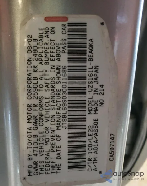 2003 Lexus Gs 430 из США, поврежденный, VIN JT8BL69S030011686